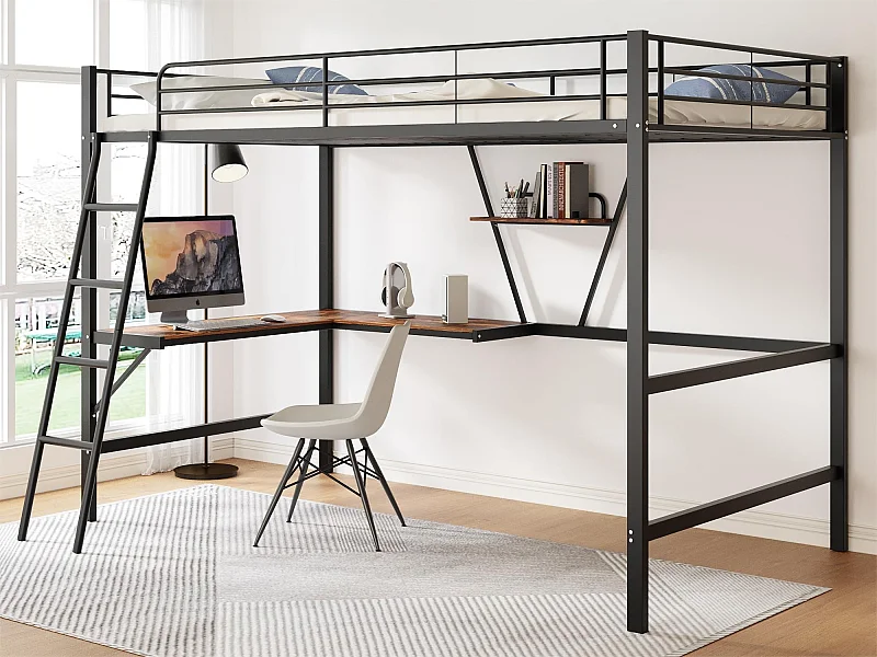 Hochbett mit L-förmigem Schreibtisch und Regal für Kinder – 90 x 200 cm – MDF-Holz und Metall – Schwarz