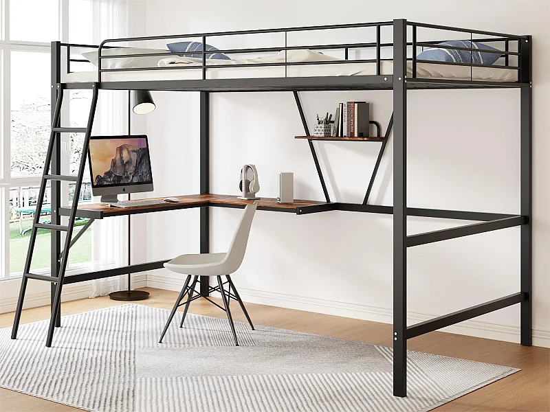 cama alta com mesa em L e prateleira para crianças - 90 x 200 cm - Madeira MDF e metal - preta