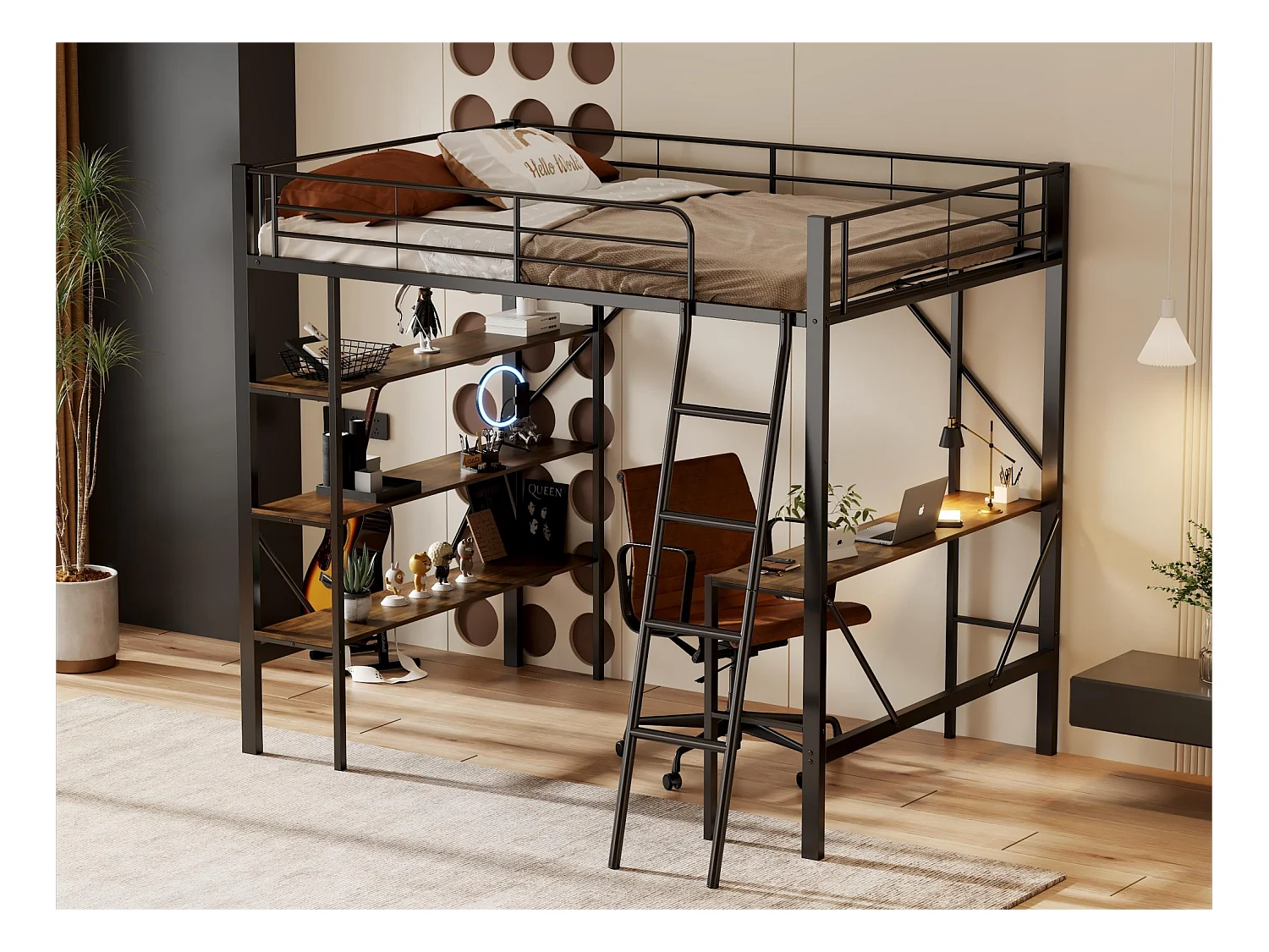 Lit mezzanine avec bureau et trois grandes étagères pour enfants - 90 x 200 cm - métal noir