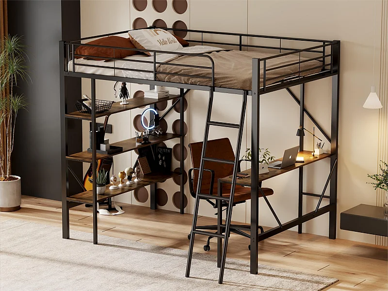 Lit mezzanine avec bureau et trois grandes étagères pour enfants - 90 x 200 cm - métal noir