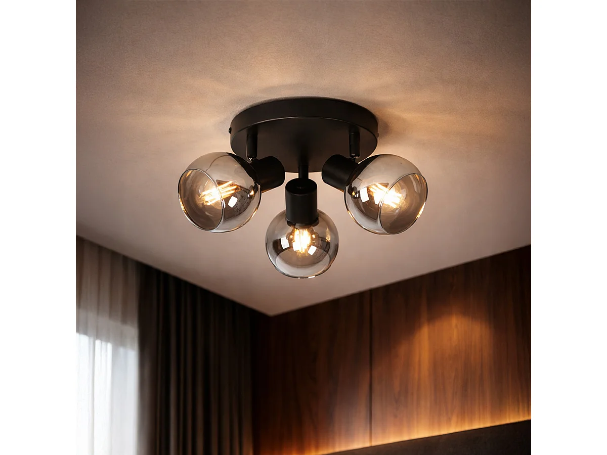 Plafonnier spot noir avec verre fumé 3 lumières - Vidro