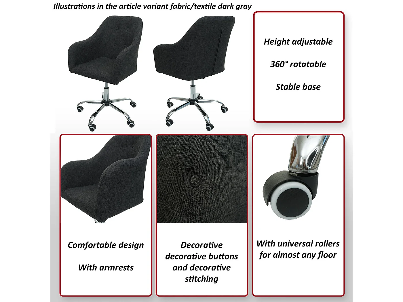Silla de oficina MCW-L92,  tela/textil gris oscuro