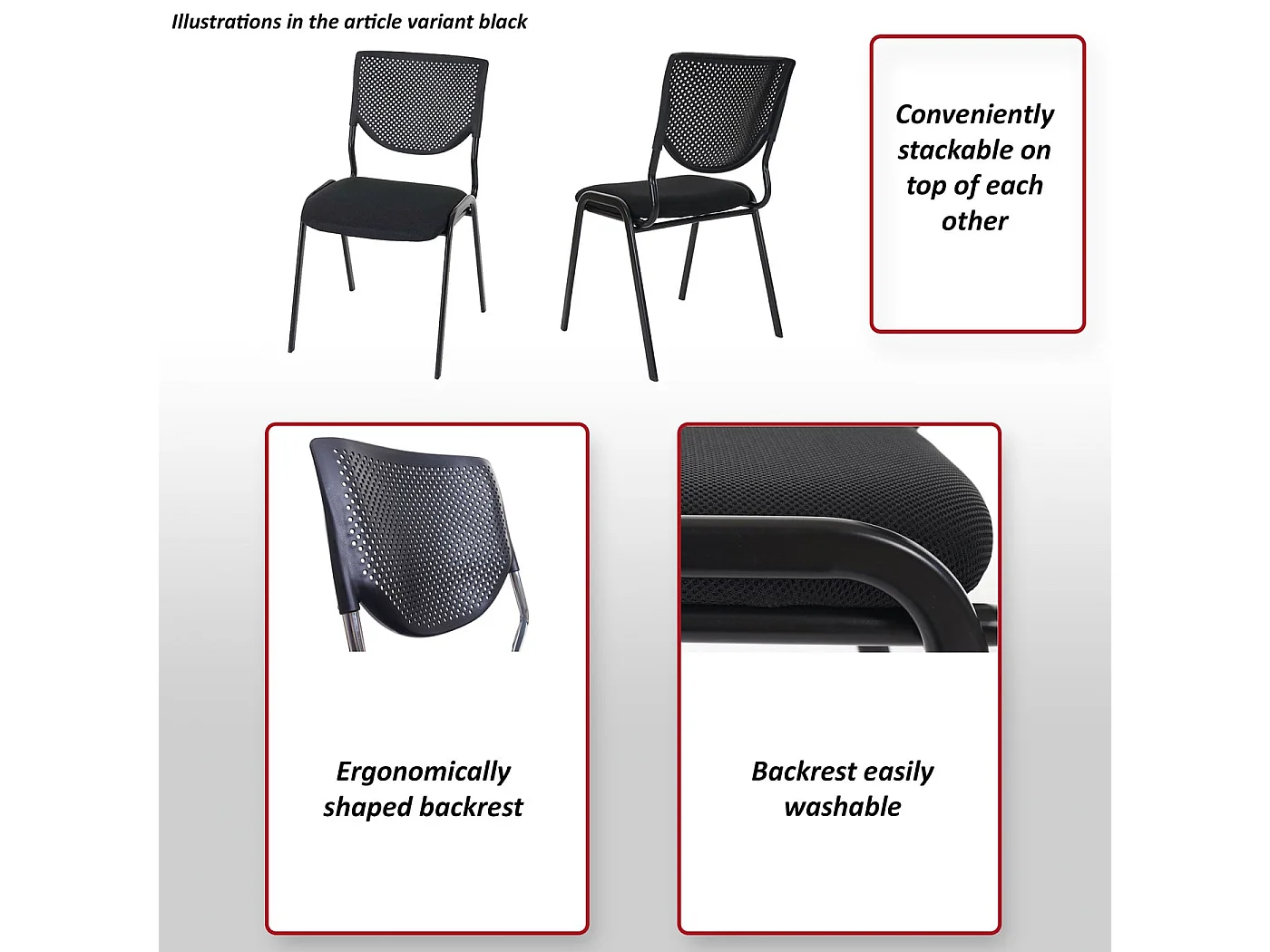 Besucherstuhl H401 Stapelbar (4er-Set), Sitz schwarz, Füße chrom