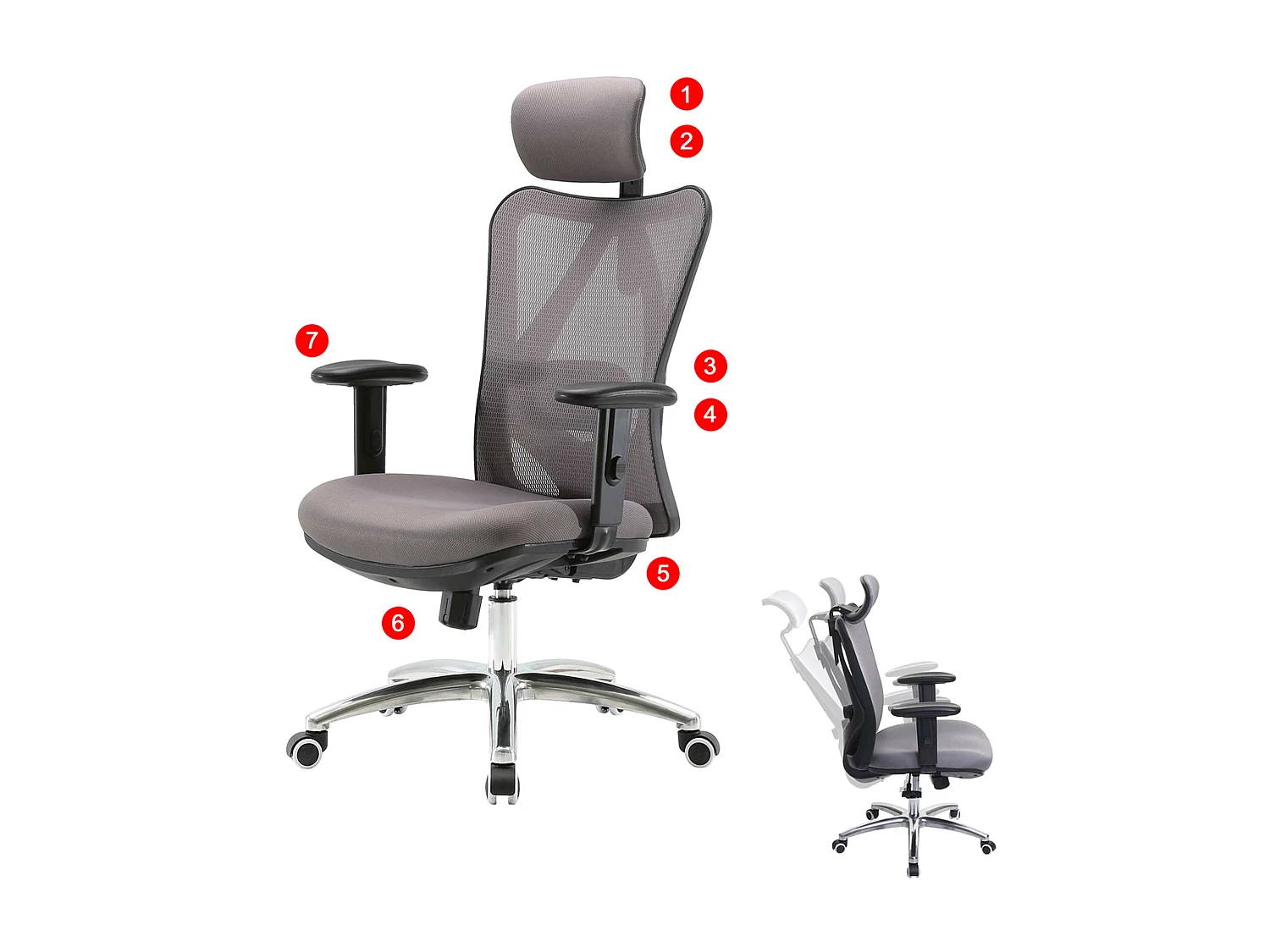 Chaise de bureau SIHOO-J86,  sans repose-pieds, gris