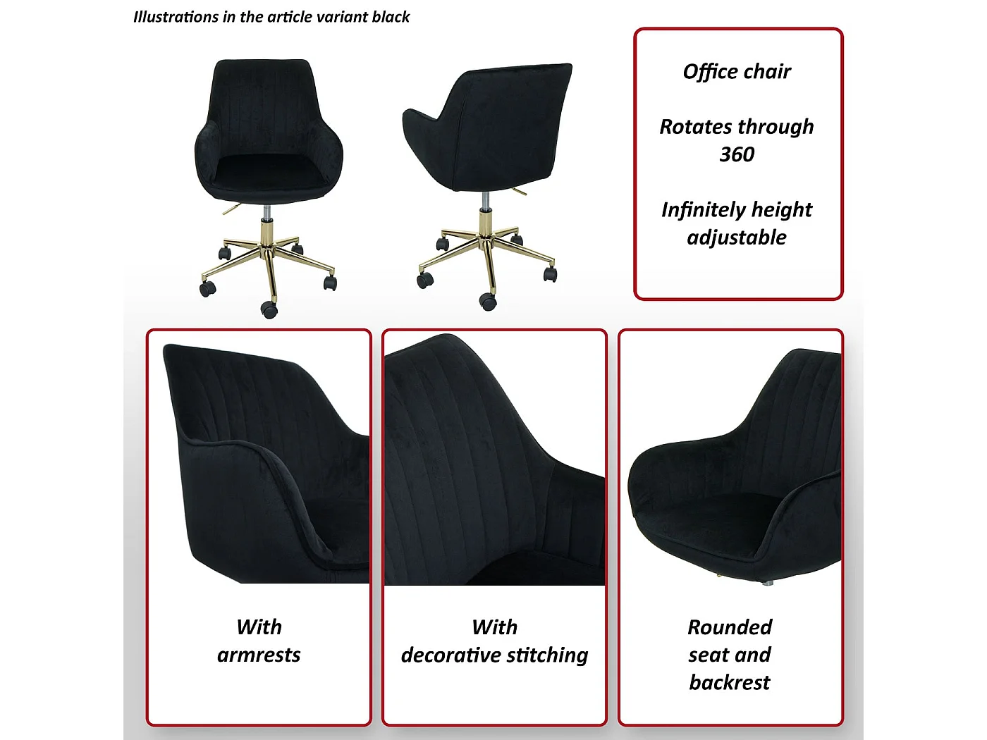 Krzesło biurowe MCW-J62 velvet z podłokietnikiem,  czarny