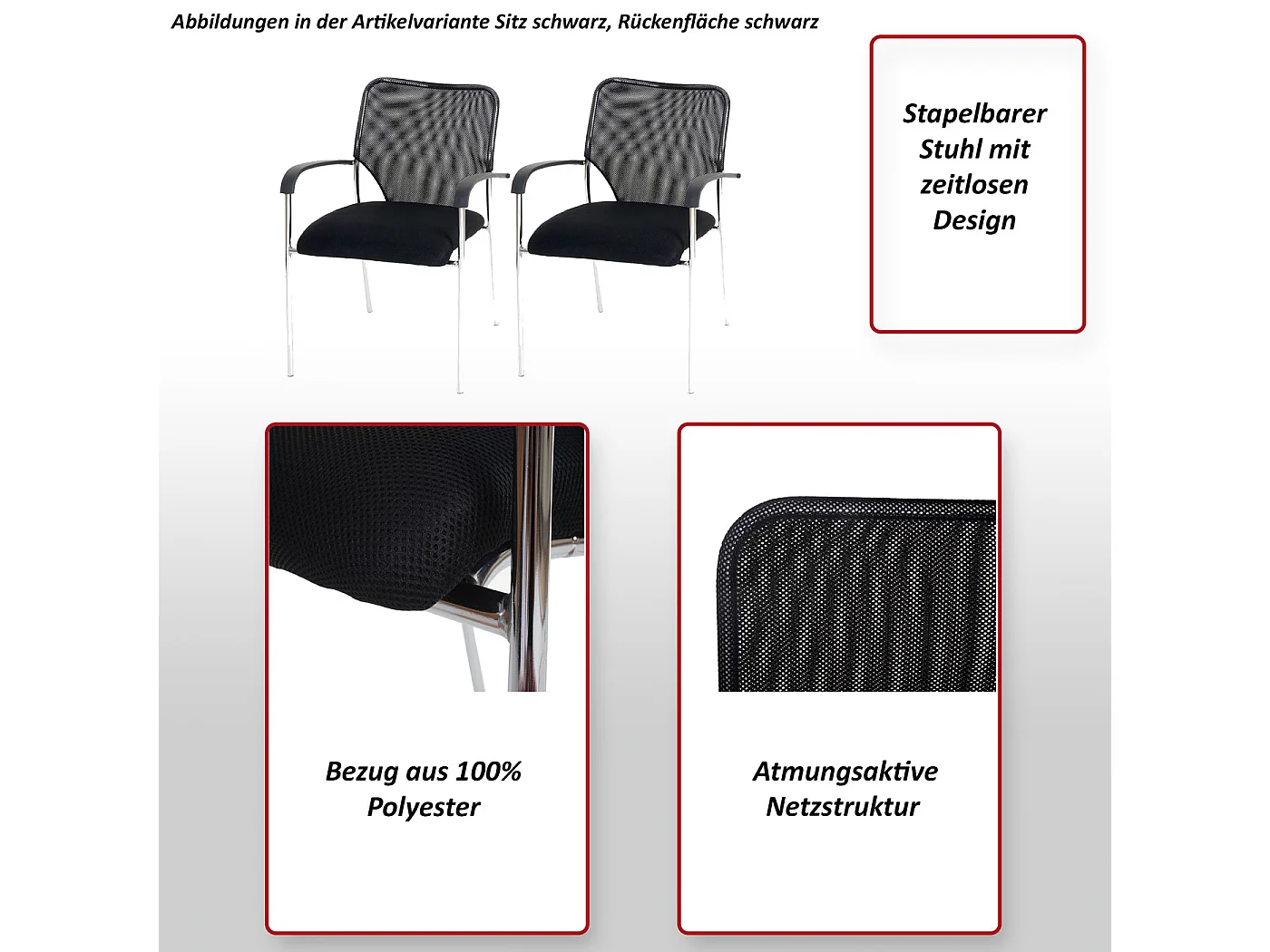 Besucherstuhl Tucson  (2er Set), 2x Stuhl, Sitz schwarz, Rückenfläche schwarz