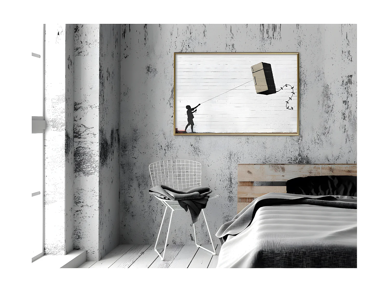 Affiche Murale Encadrée "Banksy Fridge Kite" 90 x 60 cm Or