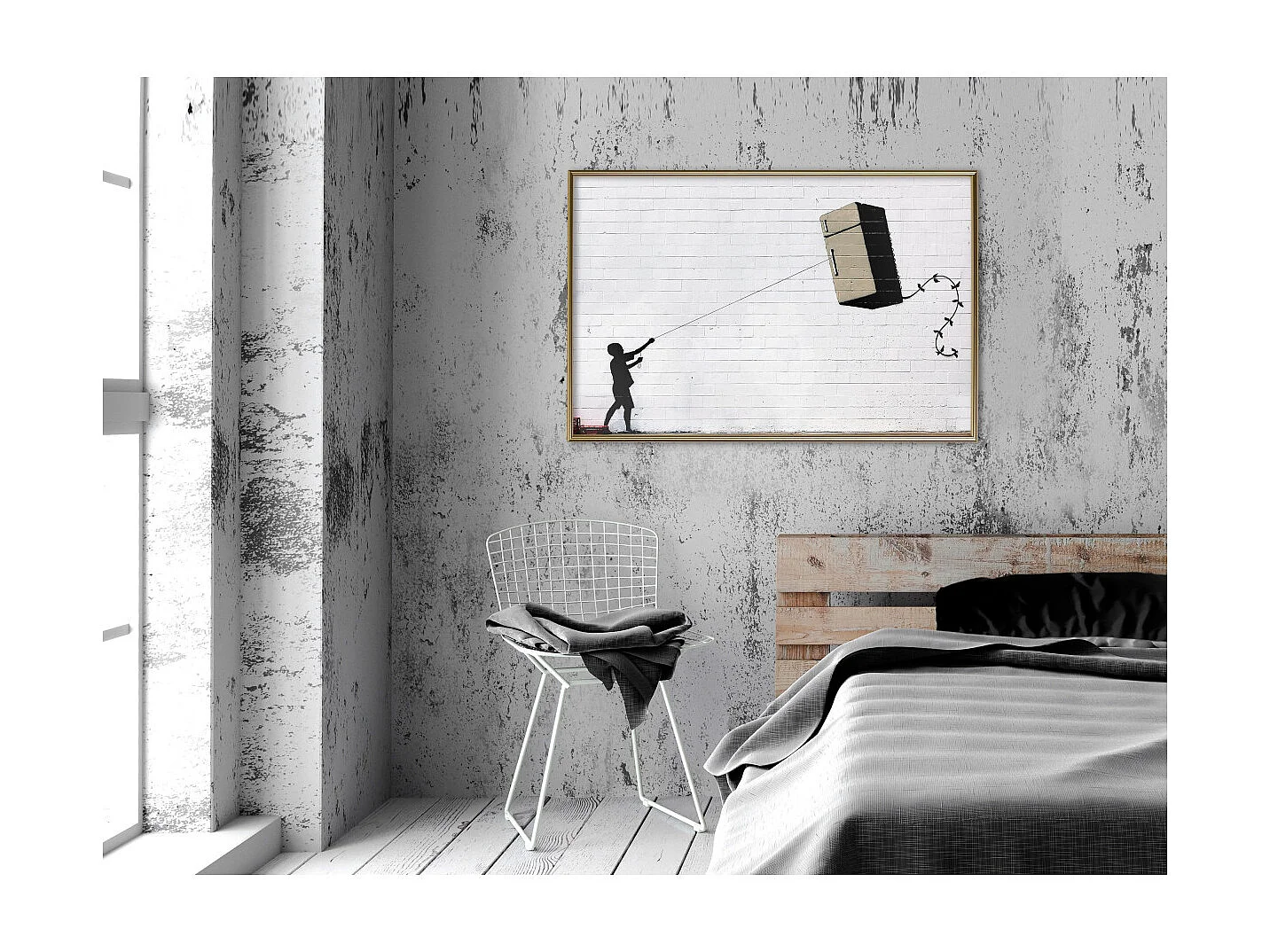 Affiche Murale Encadrée "Banksy Fridge Kite" 90 x 60 cm Or