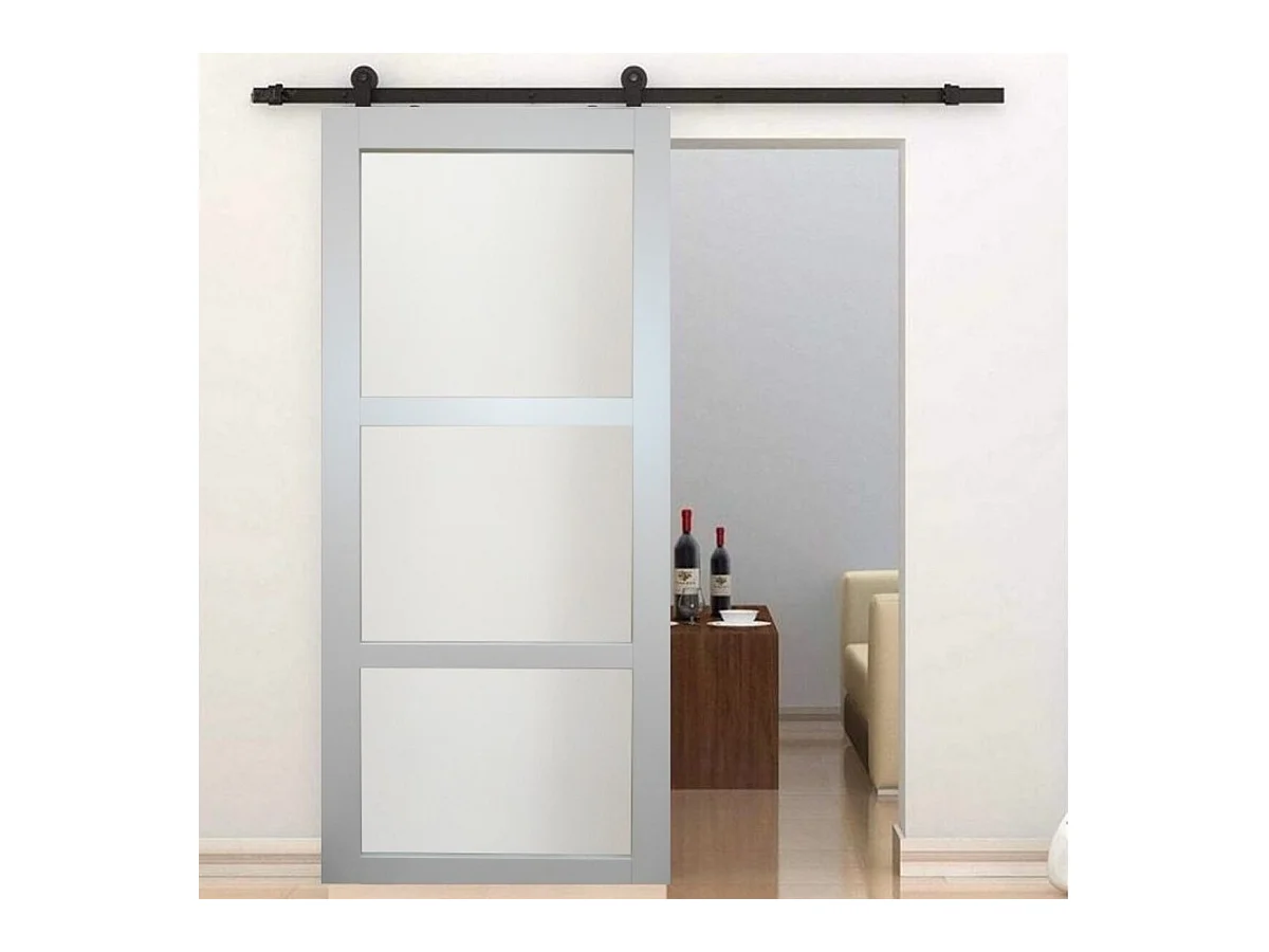 Porte Coulissante Greyria Gris Clair Ral7035 Vitree H204 X L73 + Rail A Roulettes Noir Gd Menuiseries
