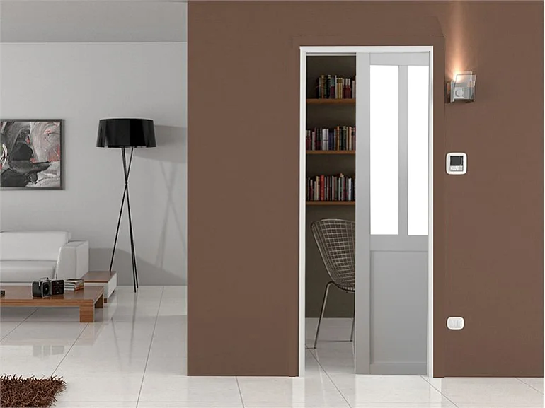 Porta scorrevole Atelier En Enrobe Blanc Vetri trasparenti H204 x L83 + Sistema Galandage con copertura in dotazione senza maniglia