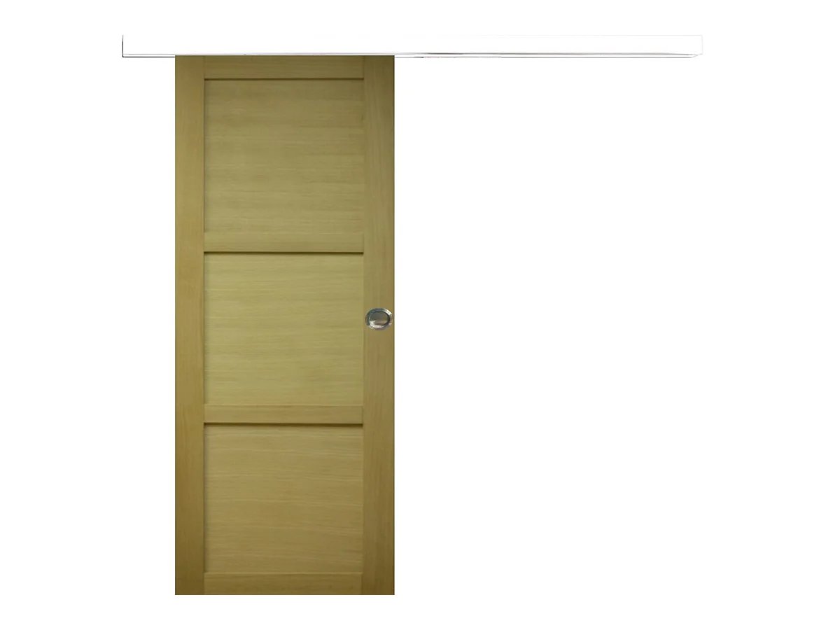 Porte Coulissante Bois Ayous 3 Panneaux H204 X L73 + Rail Alu Bandeau Blanc Et Coquilles Gd Menuiseries