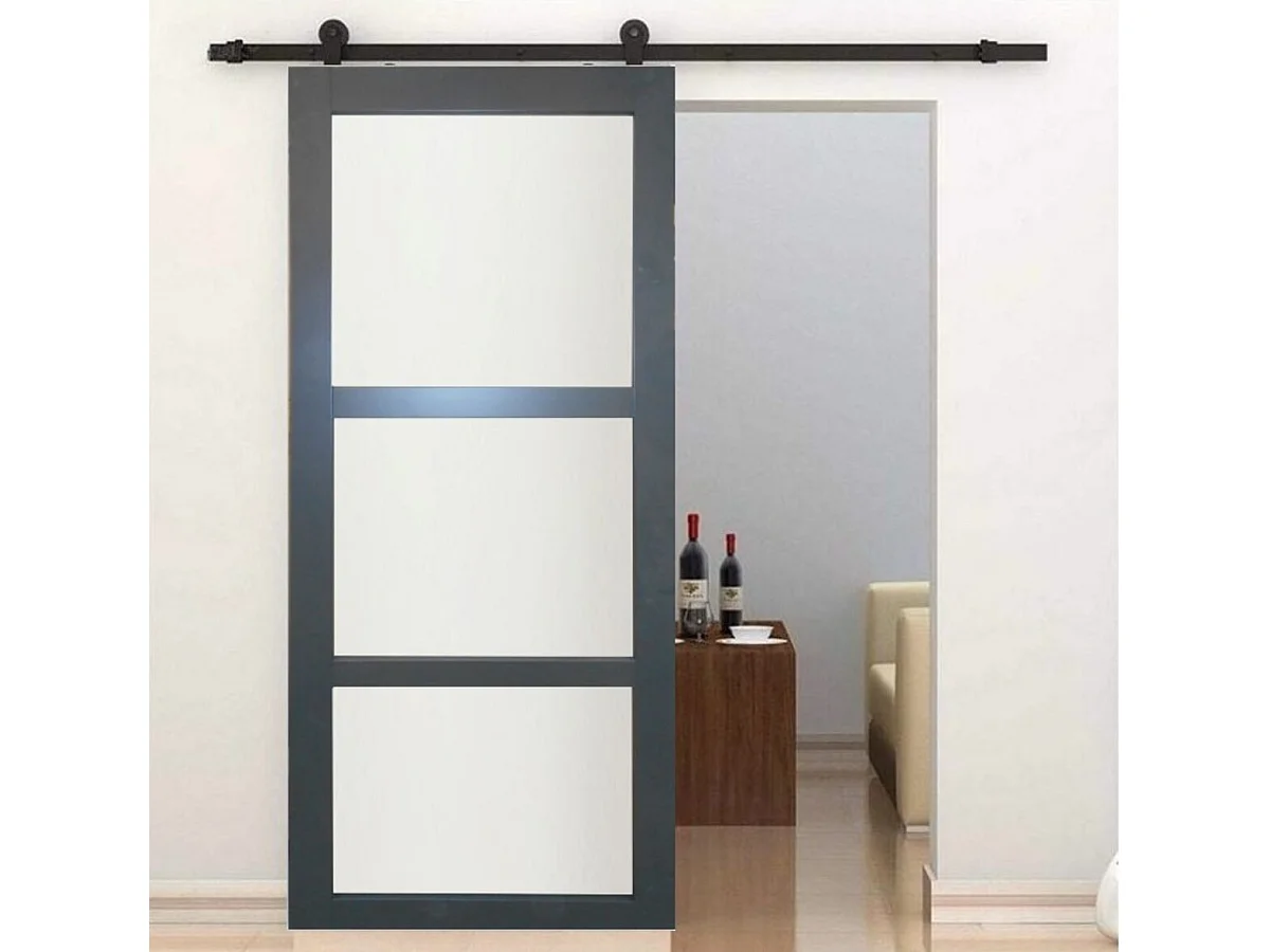 Porte Coulissante Blakeria Gris Anthr Vitrée H204 X L73 Cm, Rail Roulettes Gd Menuiseries