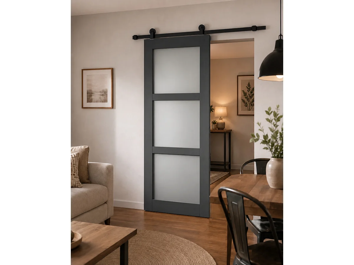 Porte Coulissante Blakeria Gris Anthr Vitrée H204 X L73 Cm, Rail Roulettes Gd Menuiseries