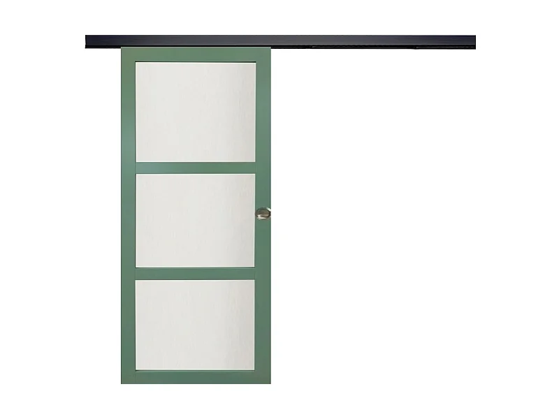 Porte Coulissante Vert Ral 6021 Vitree H204 X L73 + Rail Alu Bandeau Noir Et Coquilles Gd Menuiseries
