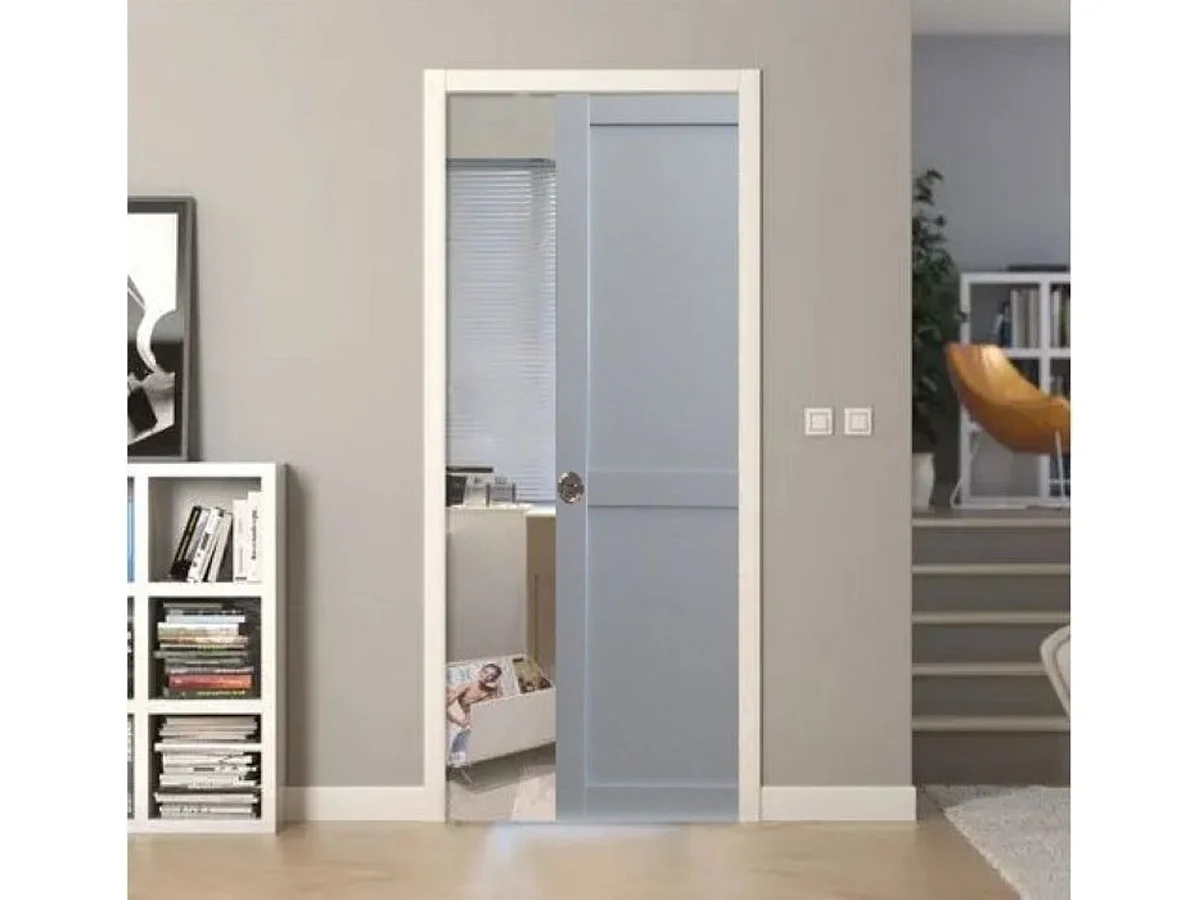 Porte Coulissante Athena Grise 2 Panneaux Largeur 73  + Système À Galandage