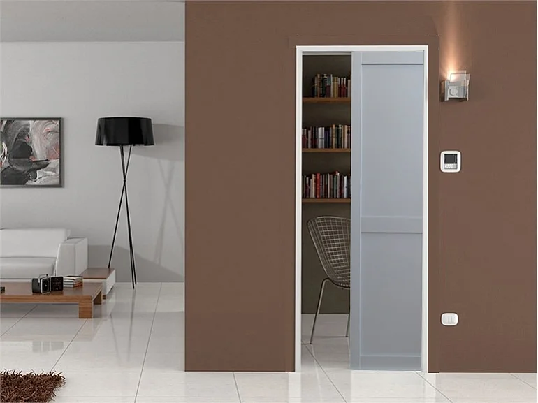 Porta scorrevole Athena Grigio RAL 7035 - 2 pannelli H204 x L73 + sistema a libro e rivestimento in dotazione senza maniglia