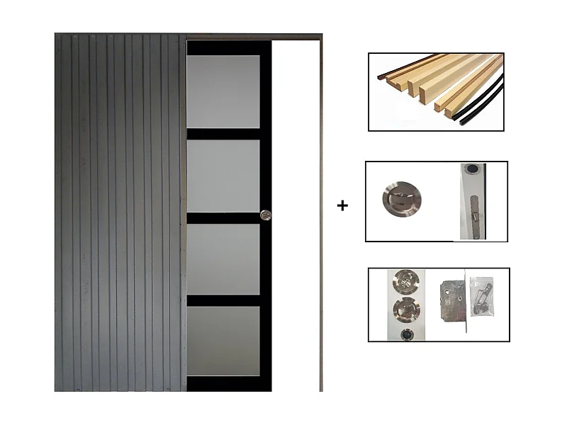 Porte Coulissante Telia Noir Vitree H204 X L73 + Systeme Galandage Et Kit De Finition Inclus Gd Menuiseries