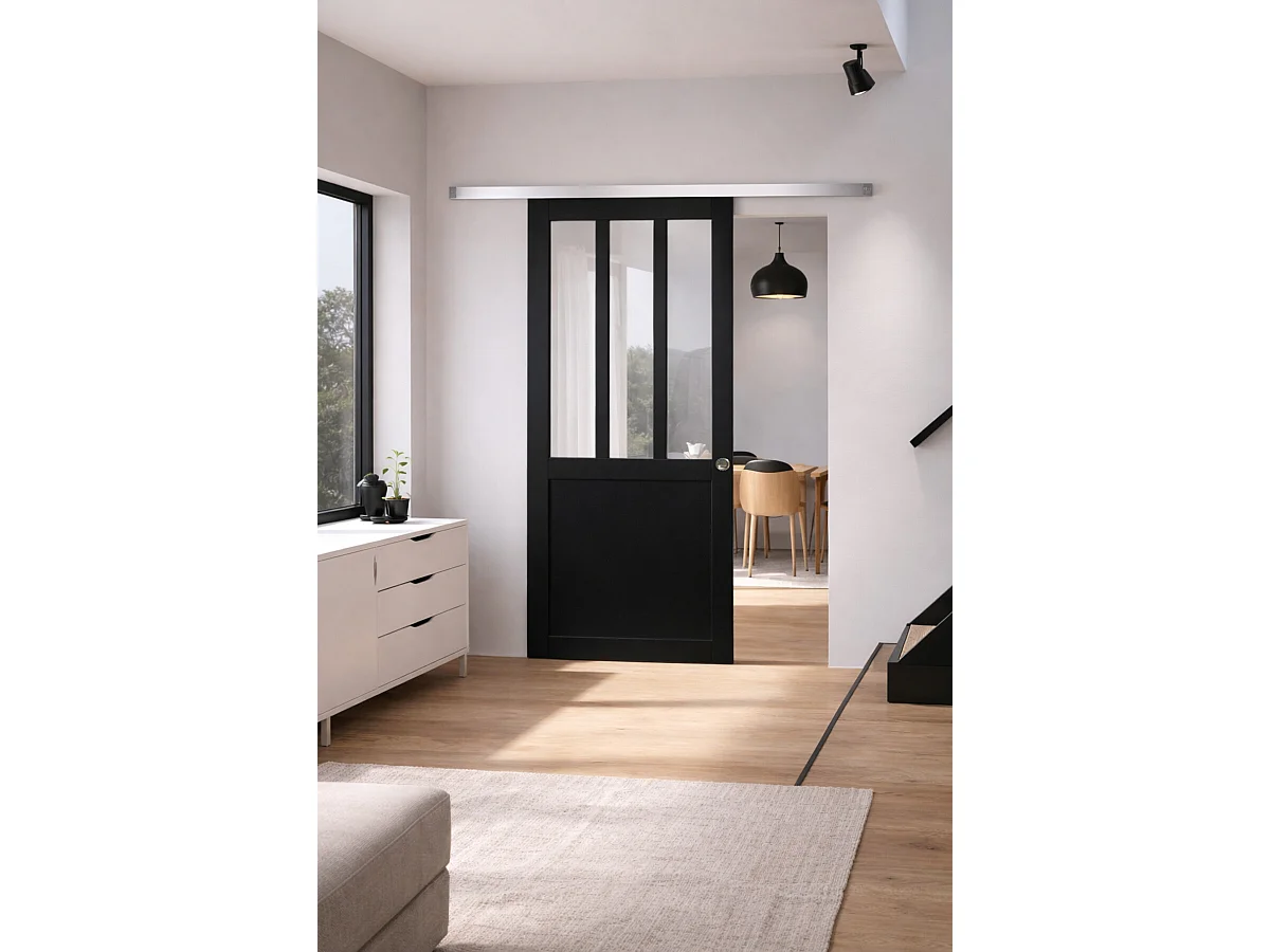 Porte Coulissante Atelier Noir H204 X L83, Rail Alu, Coquilles Gd Menuiseries
