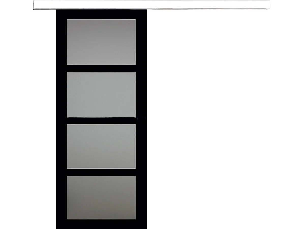 Porte Coulissante Telia Noir Vitree H204 X L83 + Rail Alu Bandeau Blanc Gd Menuiseries