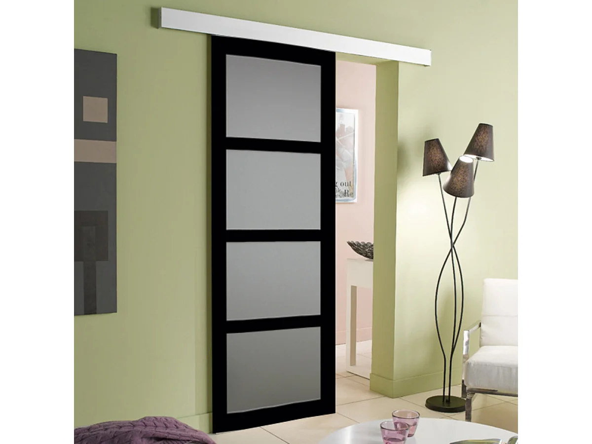 Porte Coulissante Telia Noir Vitrée H204 X L83 Cm, Rail Alu Bandeau Blanc Gd Menuiseries