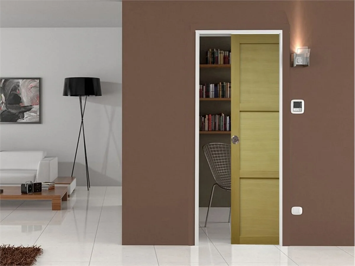Ayous houten schuifdeur met 3 panelen H204 x L73 + zaksysteem en afwerkingsset inbegrepen