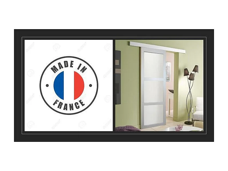 Porte Coulissante Kenya Blanche Vitrée H204 x L83 + Rail Alu GD MENUISERIES