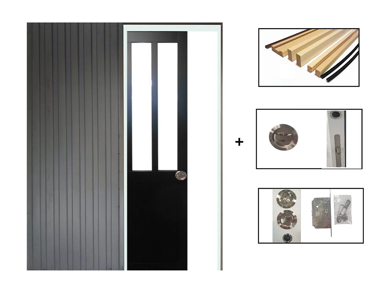Porte Coulissante Atelier Noir H204 X L73 Cm, Galandage, Kit Finition Gd Menuiseries