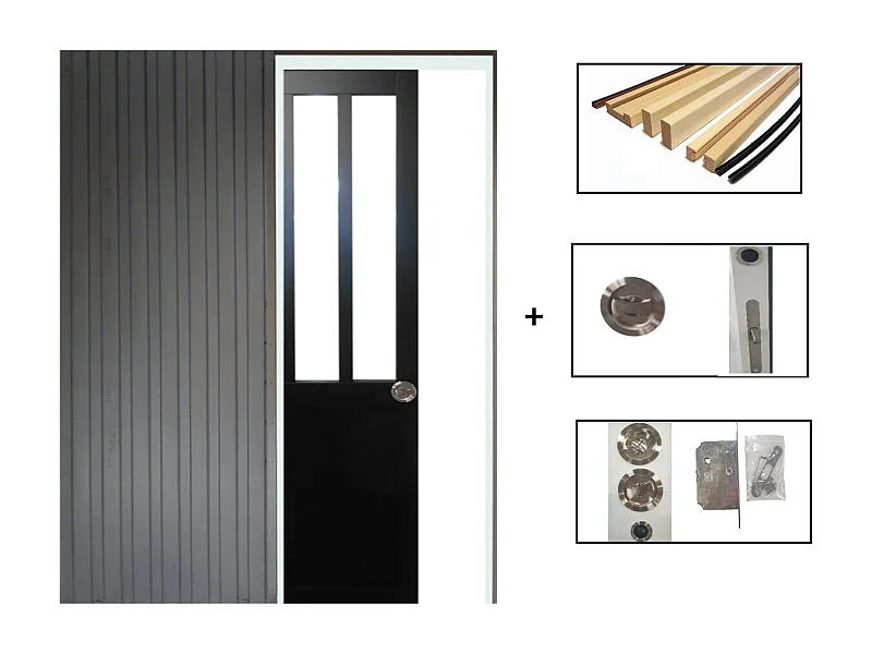 Porte Coulissant Atelier Noir H204 X L73 + Systeme De Galandage Et Kit Finition Inclus Gd Menuiseries