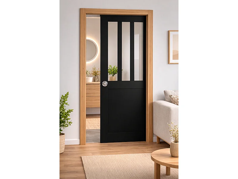 Porte Coulissante Atelier Noir H204 X L73, Galandage, Kit Finition Gd Menuiseries