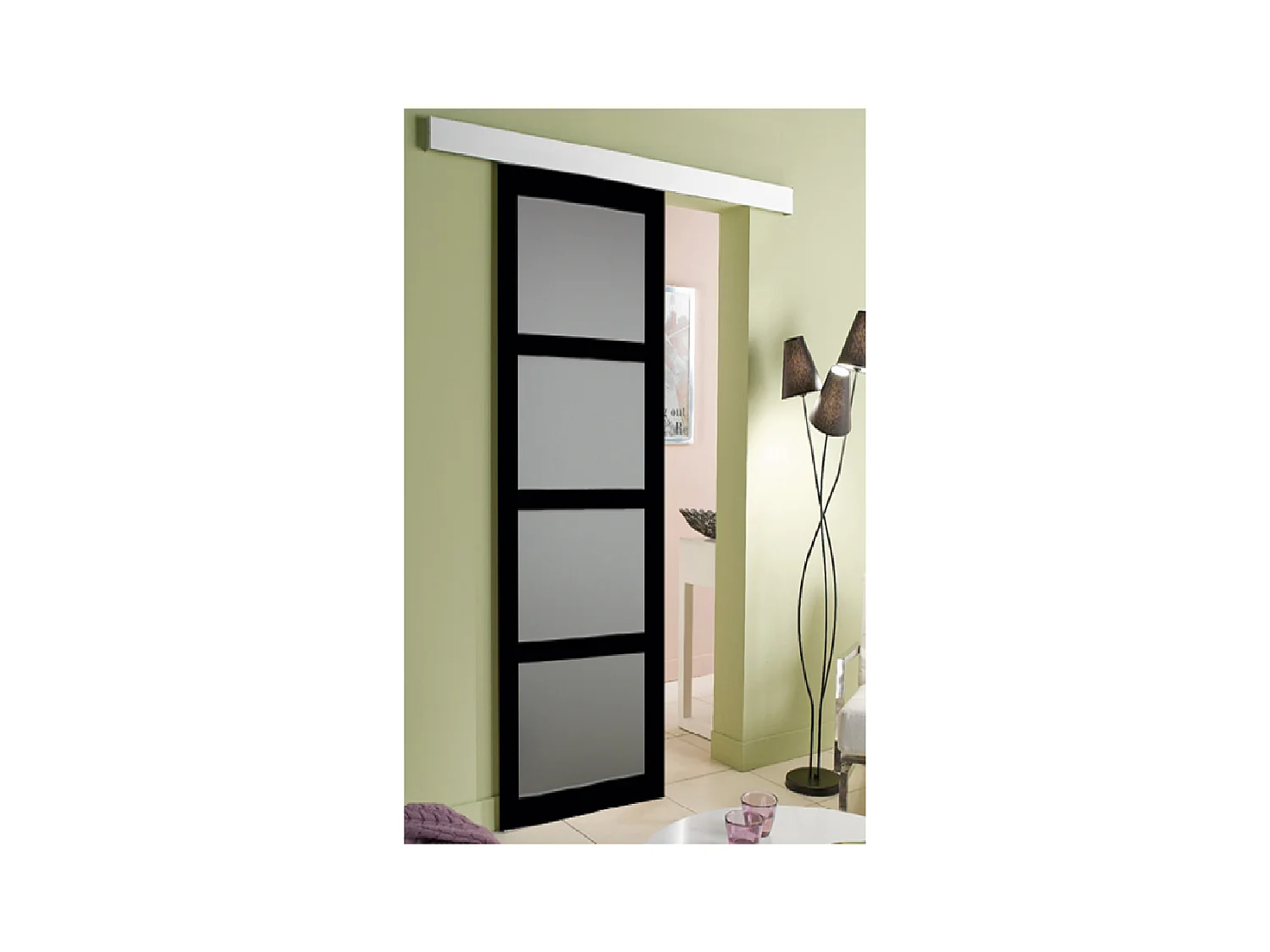 Porte Coulissante Telia Noir Vitree H204 X L73 + Rail Alu Gd Menuiseries