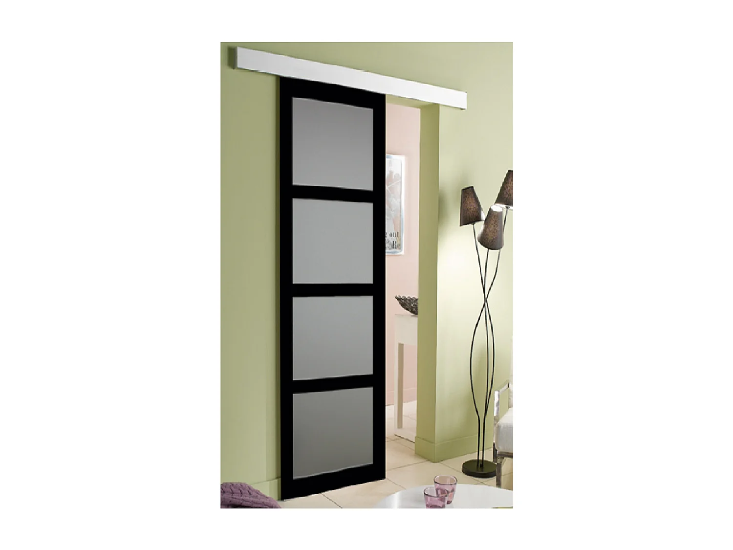 Porte Coulissante Telia Noir Vitrée H204 X L73 + Rail Alu Gd Menuiseries