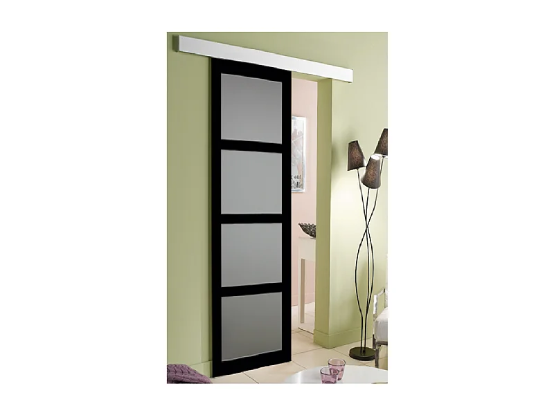 Porte Coulissante Telia Noir Vitrée H204 X L73 + Rail Alu Gd Menuiseries