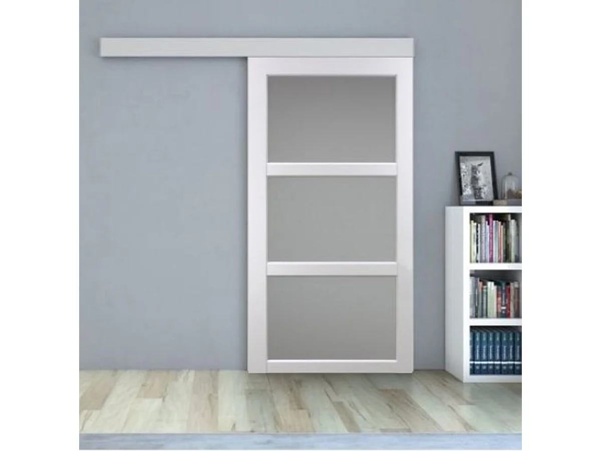 Porte Coulissante Kenya Blanc Vitree H204 X L83 + Rail Alu Bandeau Blanc Et Coquilles Gd Menuiseries