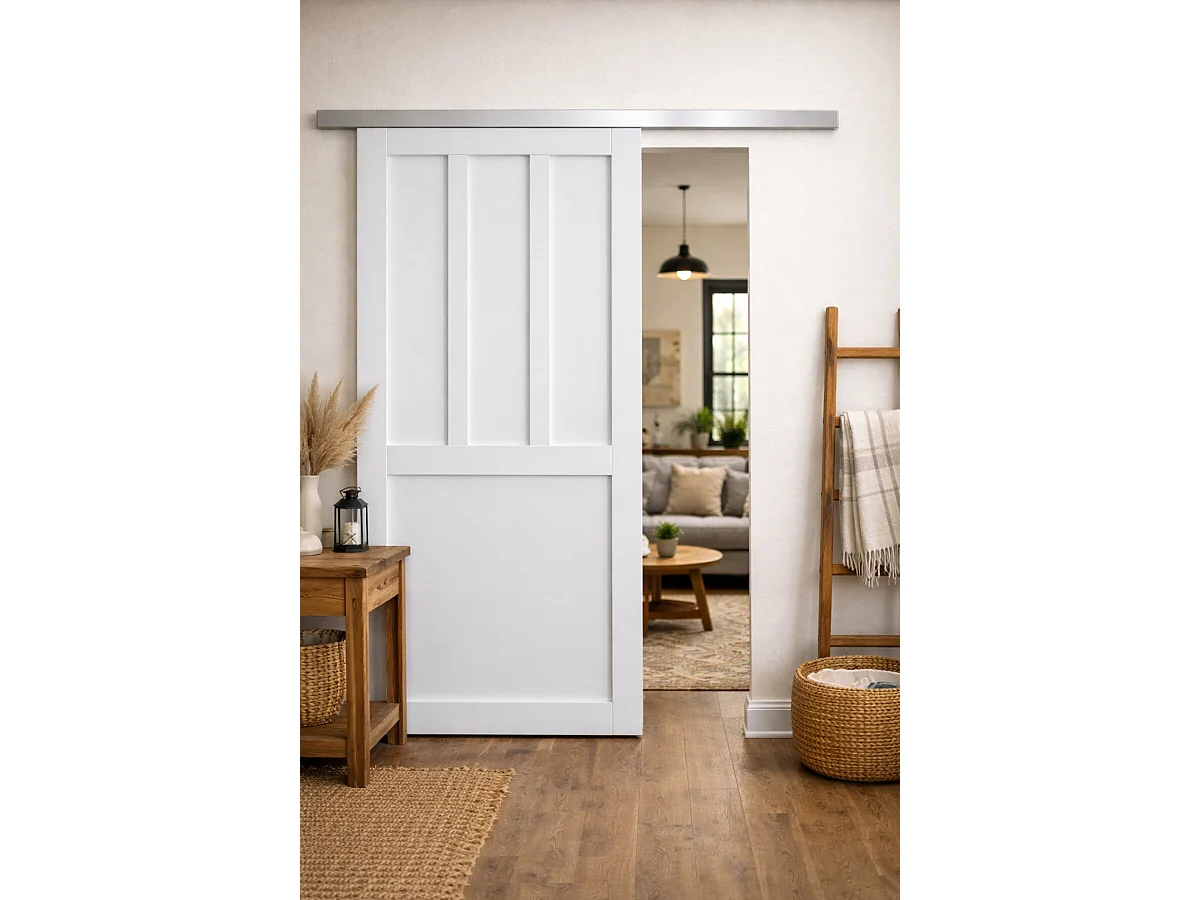 Porte Coulissante Atelier 2 Panneaux Blanc H204 X L73 Cm, Rail Alu Gd Menuiseries