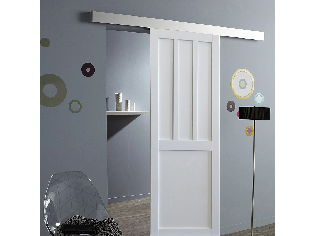 Porte Coulissante Atelier 2 Panneaux Blanc H204 X L73 Cm, Rail Alu Gd Menuiseries