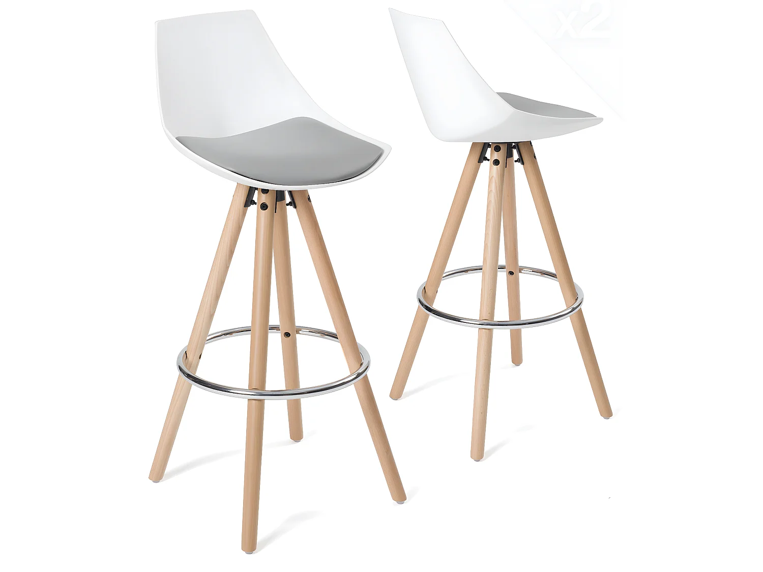 Lot 2 chaises de bar scandinaves 74cm coussin pieds bois repose pieds chromé SOTO (blanc gris)