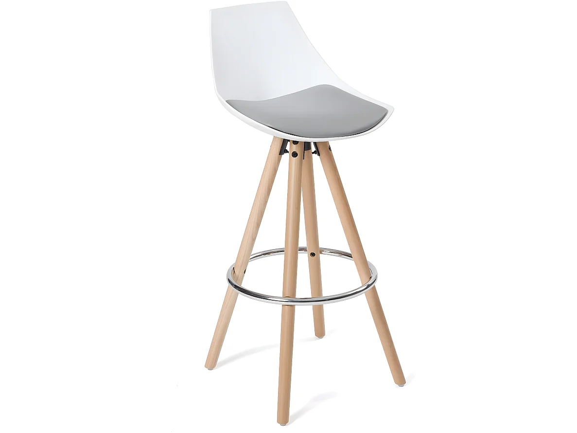 Lot 2 chaises de bar scandinaves 74cm coussin pieds bois repose pieds chromé SOTO (blanc gris)