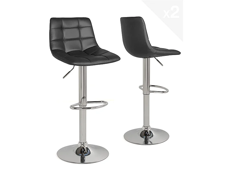 Lot 2 chaises de bar tabouret simili cuir rembourré hauteur réglable pivotant chrome  SID (noir)