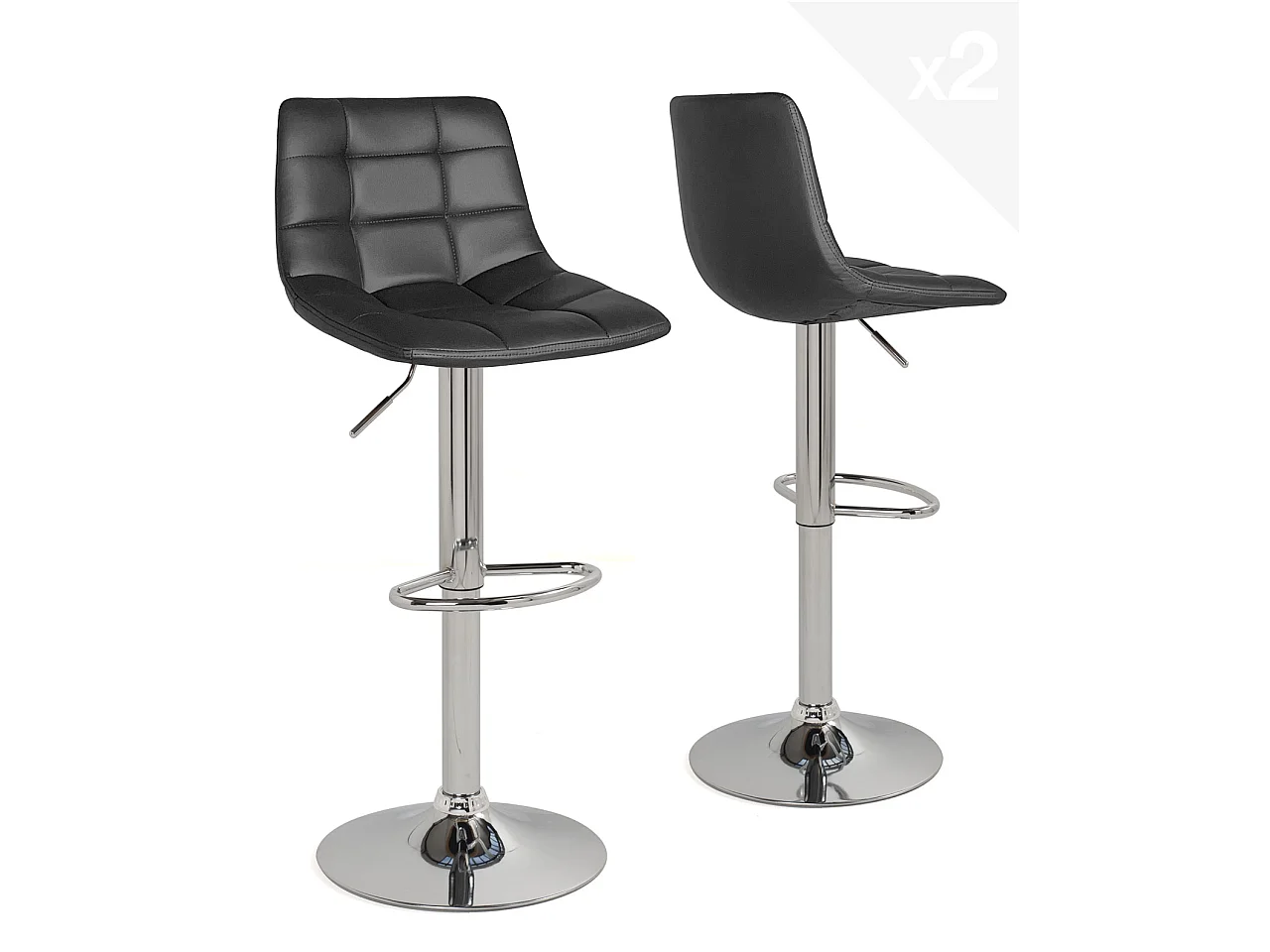 Lot 2 chaises de bar tabouret simili cuir rembourré hauteur réglable pivotant chrome  SID (noir)