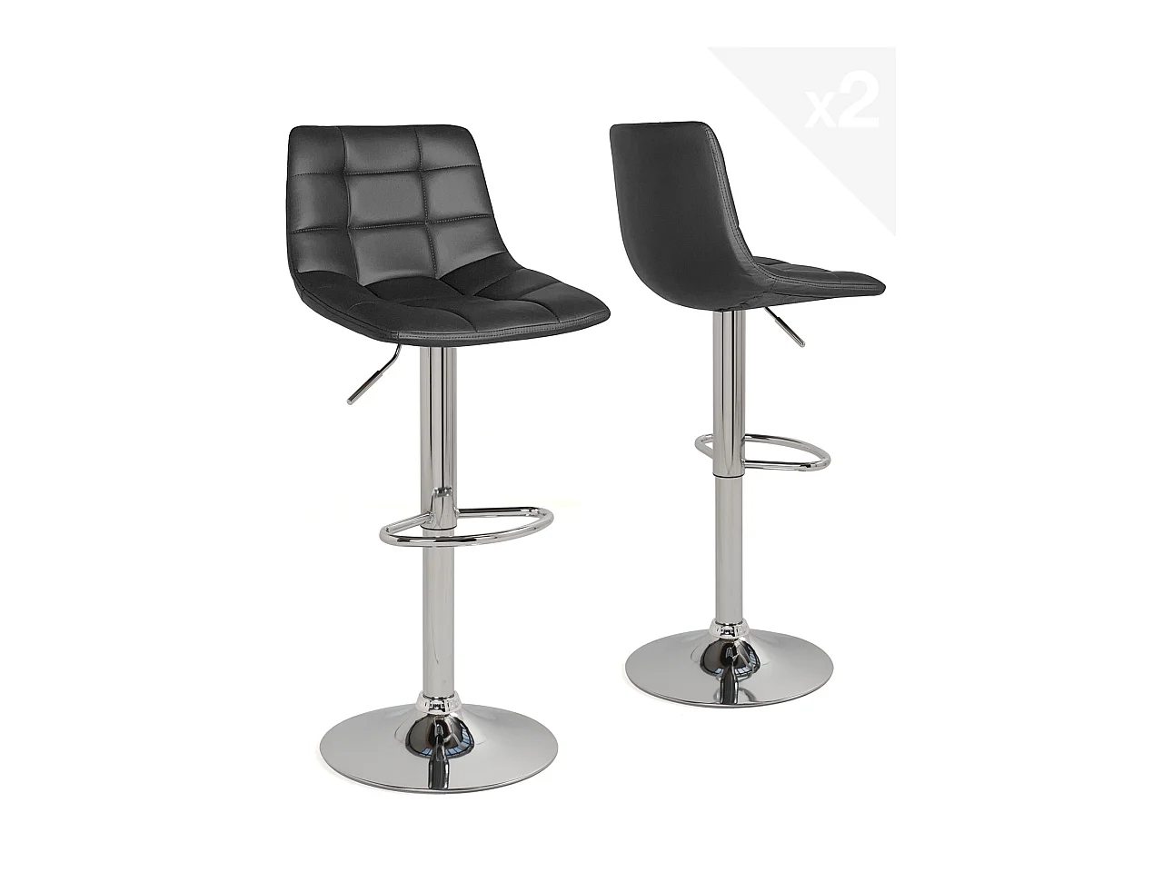 Lot 2 chaises de bar tabouret simili cuir rembourré hauteur réglable pivotant chrome  SID (noir)