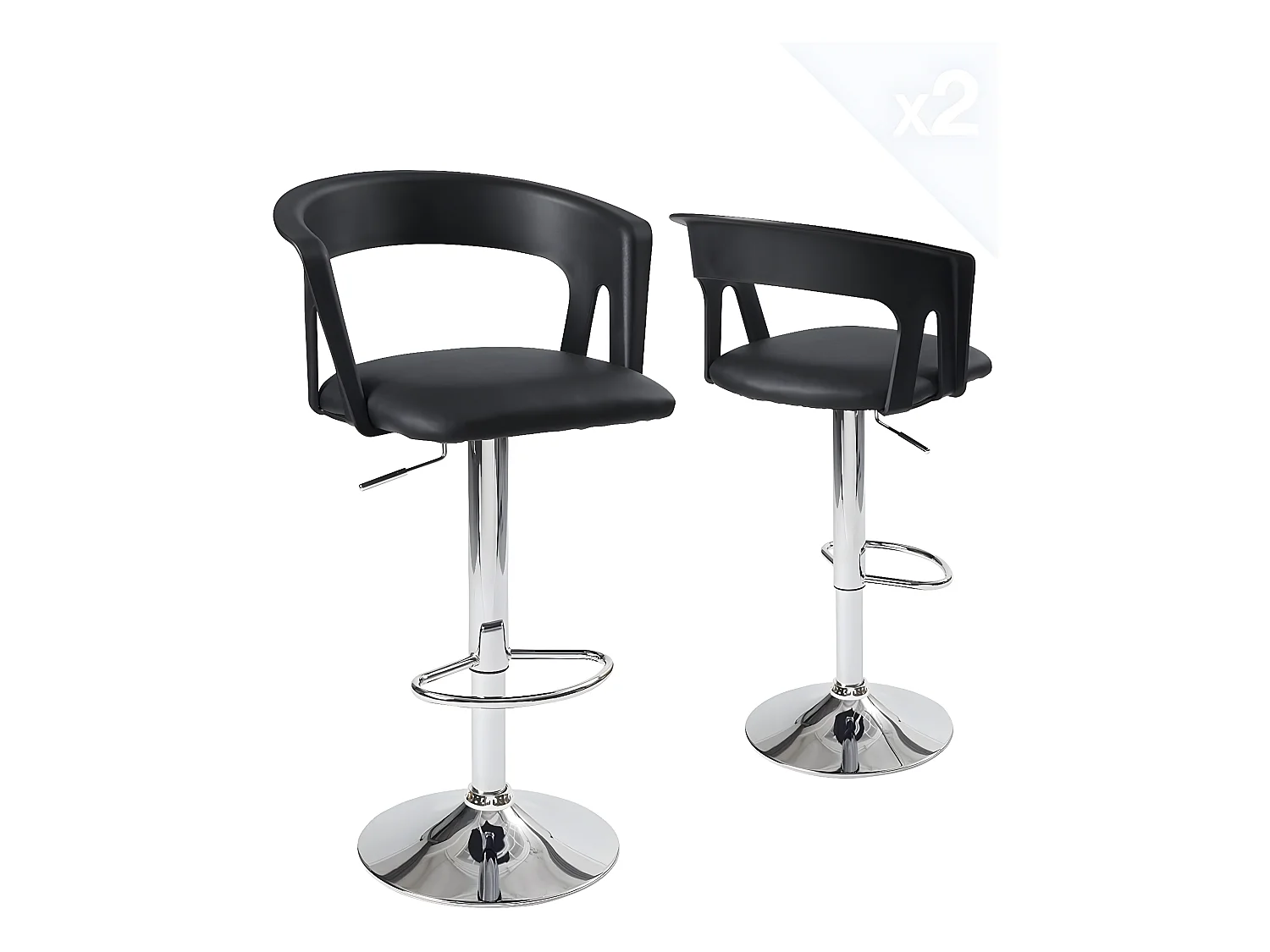 Lot 2 tabourets de bar dossier accoudoir coussin pivotant hauteur réglable AYO (noir)