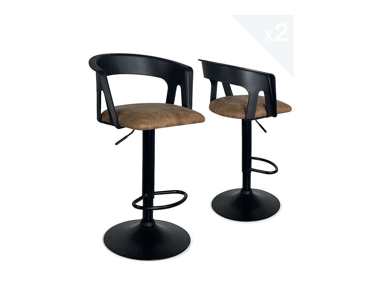 Lot 2 tabourets de bar dossier accoudoir coussin simili pivotant hauteur réglable AYO (noir marron)