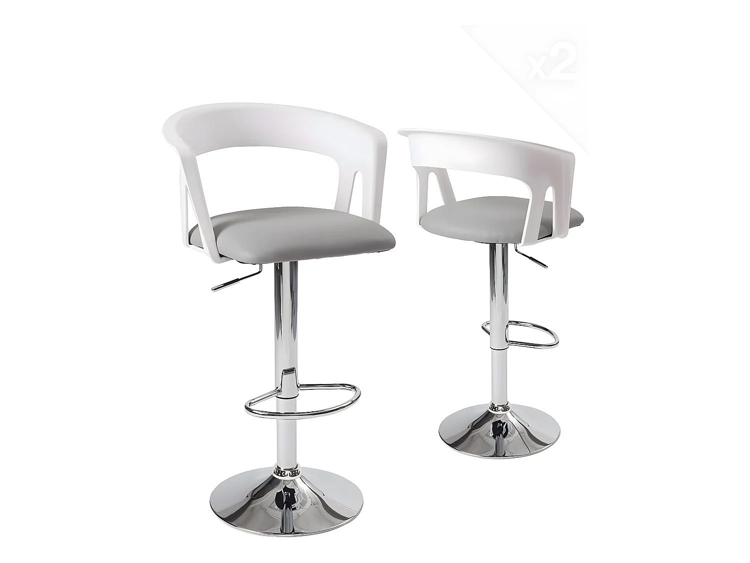 Lot 2 tabourets de bar dossier accoudoir coussin pivotant hauteur réglable AYO (blanc gris)