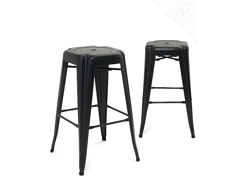 Lot 2 tabourets de bar industriels métal hauteur 76 cm empilables BOOKA (noir)