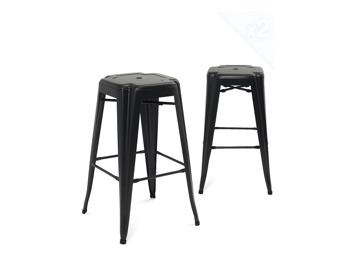 Lot 2 tabourets de bar industriels métal hauteur 76 cm empilables BOOKA (noir)