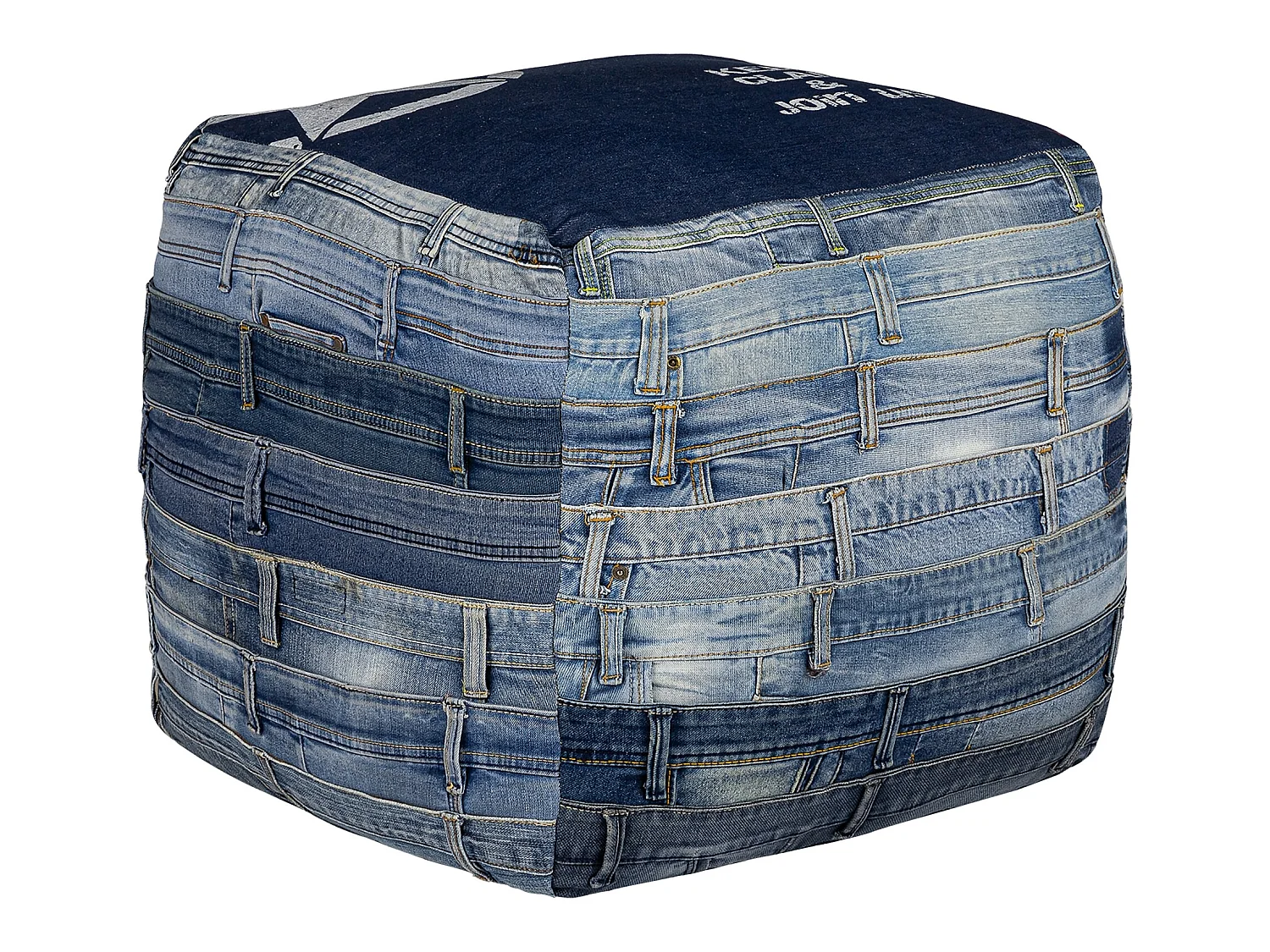 Pouf carré Pittsburgh 45 cm bleu pièce unique artisanal en jean rembourrage de coton coussin de sol cube d’assise repose-pieds confortable déco salon