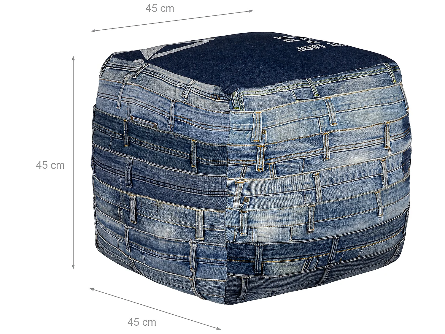Pouf carré Pittsburgh 45 cm bleu pièce unique artisanal en jean rembourrage de coton coussin de sol cube d’assise repose-pieds confortable déco salon