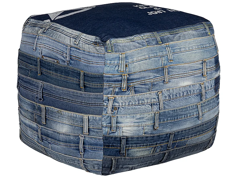 WOMO-DESIGN Puff Pittsburgh cuadrado ø 45cm tejido vaquero azul hecho a mano, asiento reposapíes forma de cubo, cojín taburete relleno de algodón