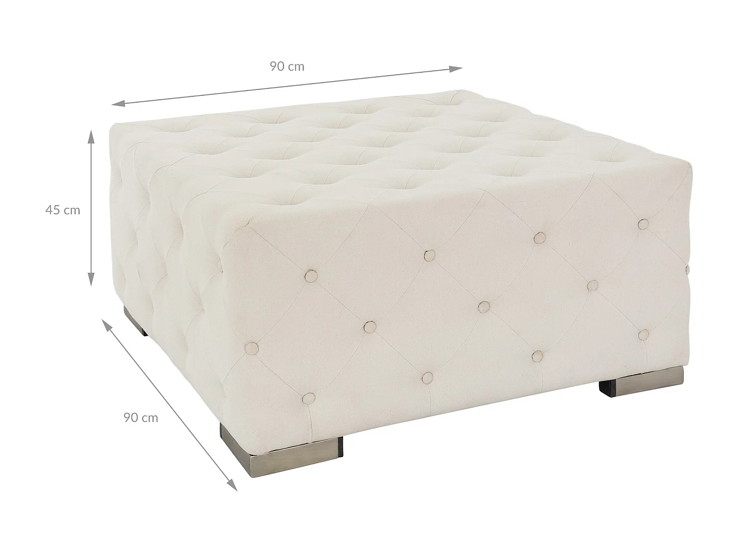 WOMO-DESIGN Puff XXL Ostrava cuadrado 90x90x40 cm color crema hecho a mano, banco asiento reposapíes, cojín taburete auxiliar relleno de algodón