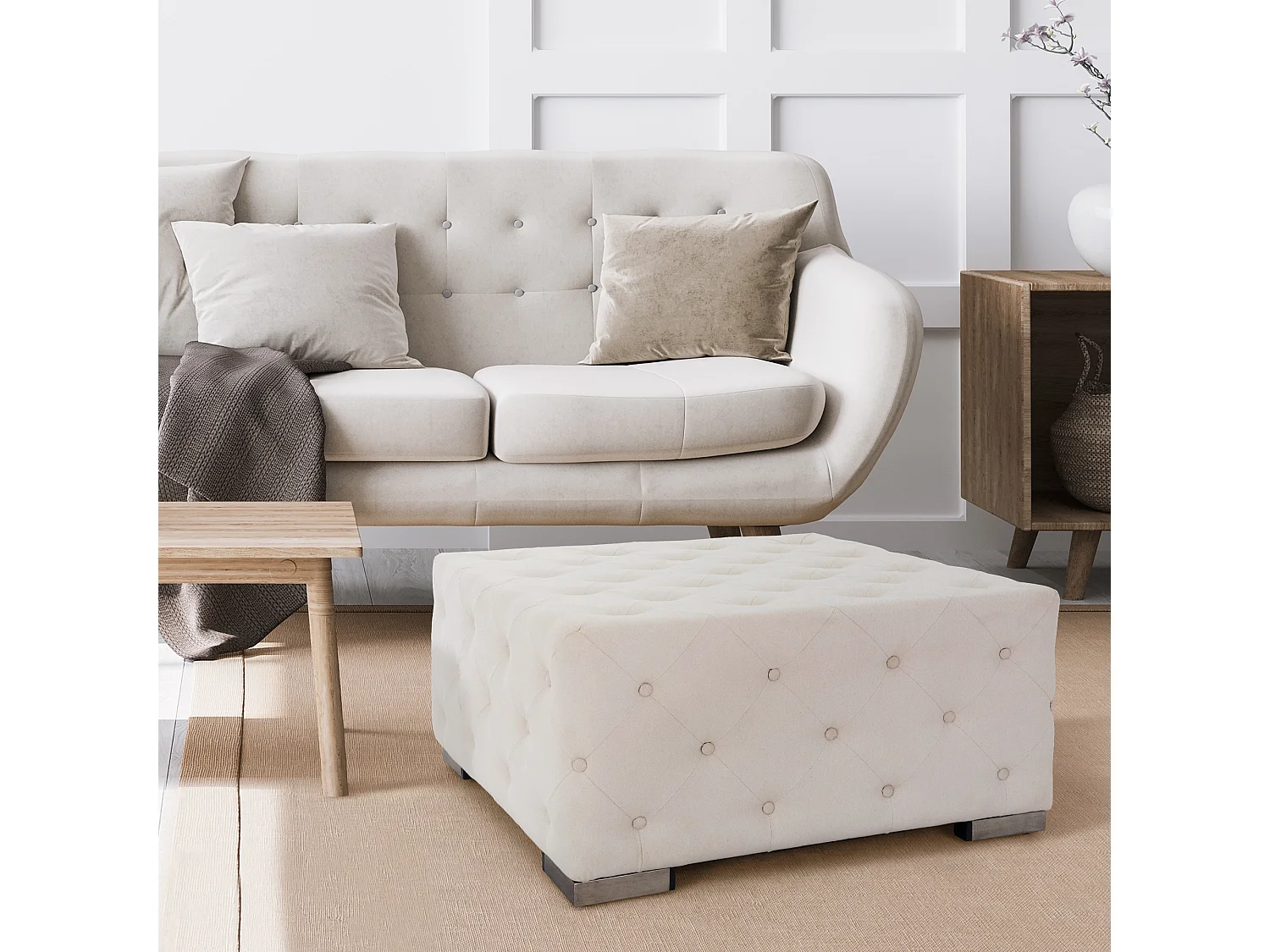 WOMO-DESIGN Puff XXL Ostrava cuadrado 90x90x40 cm color crema hecho a mano, banco asiento reposapíes, cojín taburete auxiliar relleno de algodón